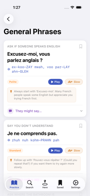 SayItHere phrase cards at a Paris café